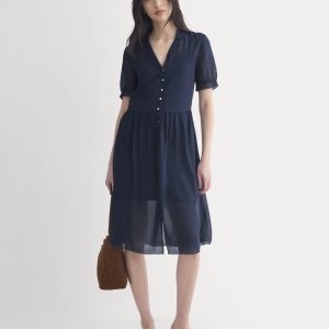 Notch Collar Shirtdress in Silk Georgette | Navy