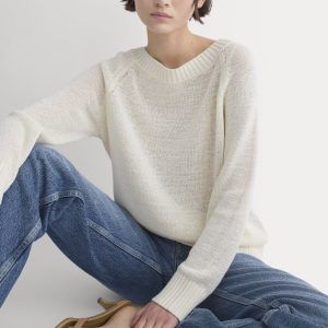 Wide-Neck Crew Sweater in Tape Yarn | Bone
