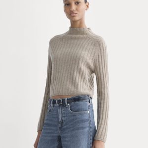Funnel-Neck Cropped Sweater in Wool Cashmere | Oatmeal