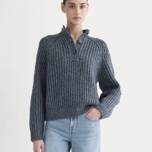 Funnel-Neck Ribbed Henley Sweater | Indigo