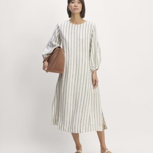 The Linen A-Line Midi Dress | Bone/Navy