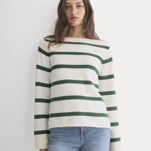 Striped Boatneck Sweater in Everyday Cotton | Hunter Green/Bone