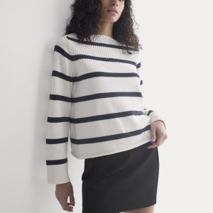 Striped Boatneck Sweater in Everyday Cotton | True Navy/Bone