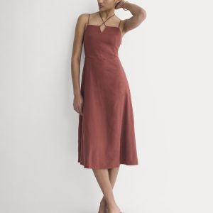 Tie-Neck Dress in Stretch Linen | Henna Red
