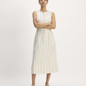 The Linen Belted Midi Dress | Bone/Navy