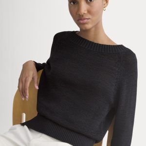 Wide-Neck Crew Sweater in Tape Yarn | Black