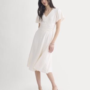 Cinched Dress in Stretch Linen | Bone
