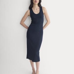 Scoop-Neck Midi Dress in Pointelle Knit | Deep Navy