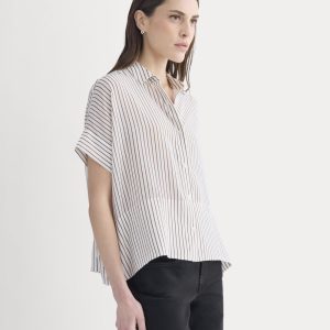 The Boxy Shirt in Washable Silk | Bone / Toffee Stripe