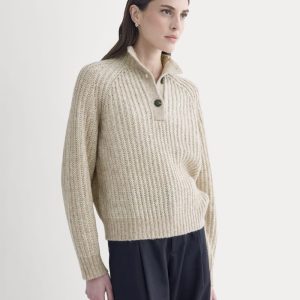 Funnel-Neck Ribbed Henley Sweater | Heathered Almond / Bone Vertical Stripe